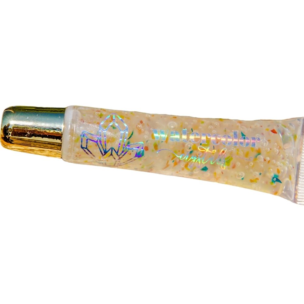 Watercolor crystals handmade multicolored lip gloss with a passion fruit scent.