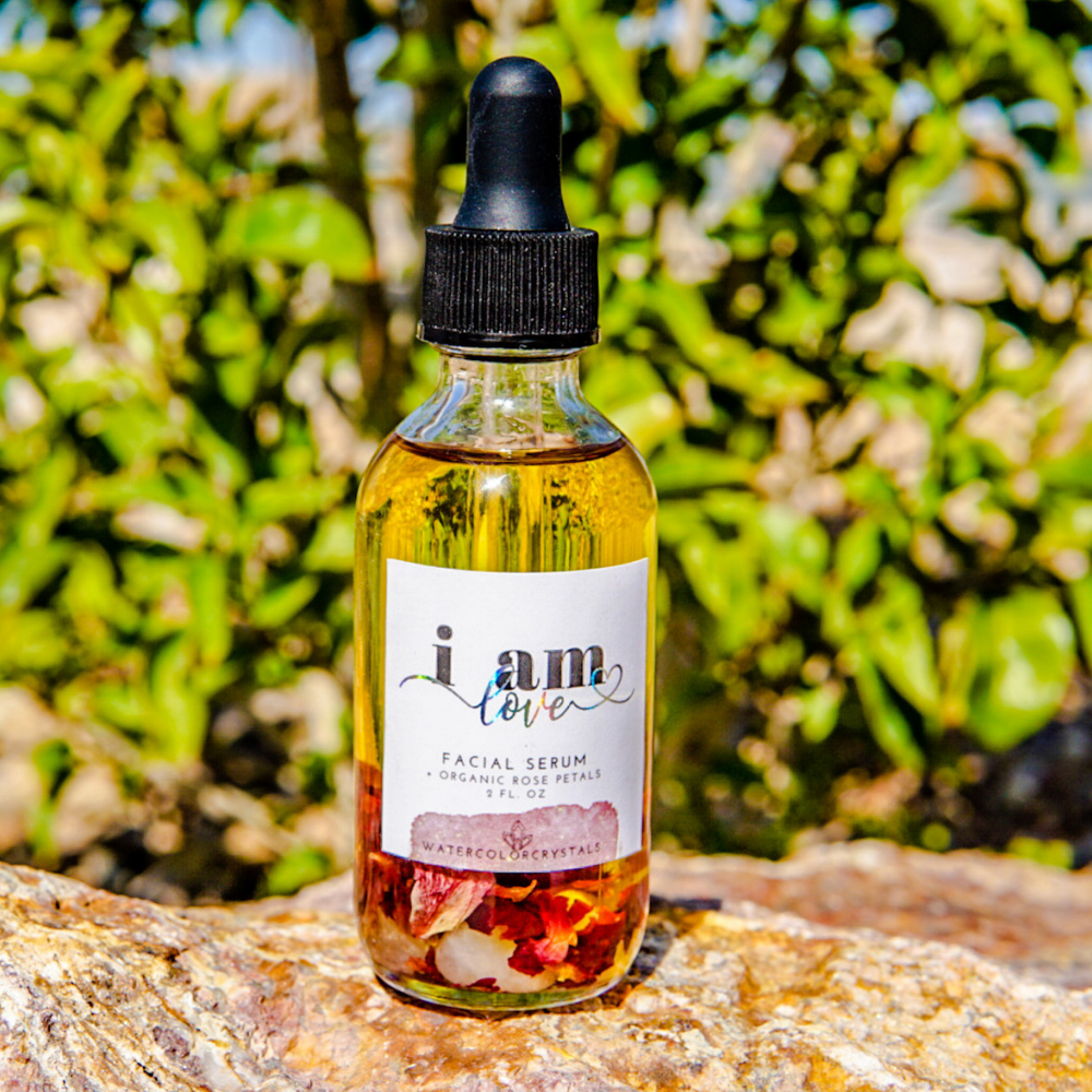 watercolor crystals I am love facial oil with organic rose petals